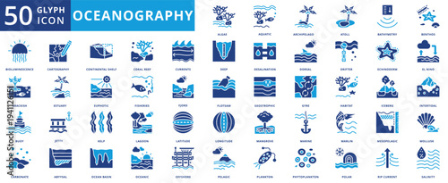 oceanography icon pack contains abyssal, mesopelagic, marlin, algae, mangrove, aquatic, cartography, flotsam, geostrophic, gyre, habitat, iceberg, intertidal, jetty, fishing, echinoderm