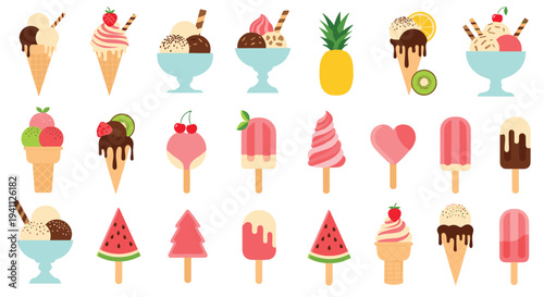 Large set of various ice cream treats including cones, cups, and popsicles with different fruit toppings and flavors.