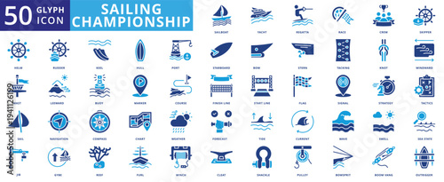 sailing championship icon pack contains boom vang, bow, regatta, bowsprit, sailboat, yacht, race, crew, skipper, helm, mast, sail, jib, rudder, furl, gybe