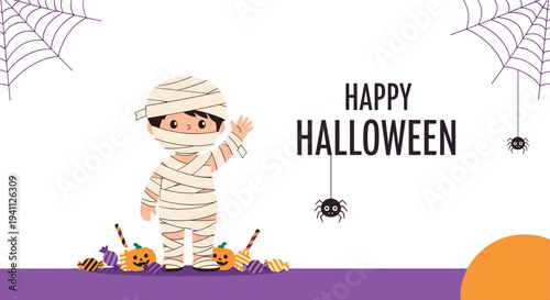 Happy Halloween card featuring a cute boy character in a mummy costume waving his hand near spiders and pumpkins on white background.