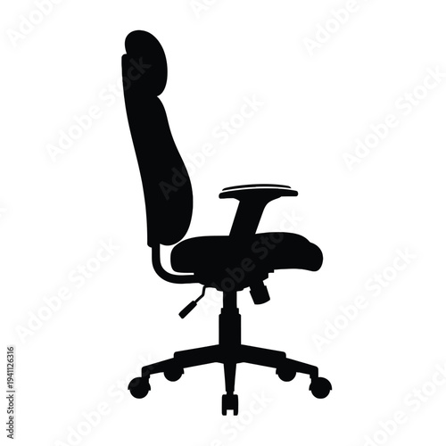 Modern Office Chair Silhouette with Adjustable Armrest and Wheels on White Background