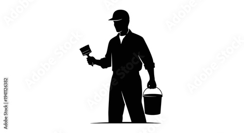 Man holding paint bucket and brush.
