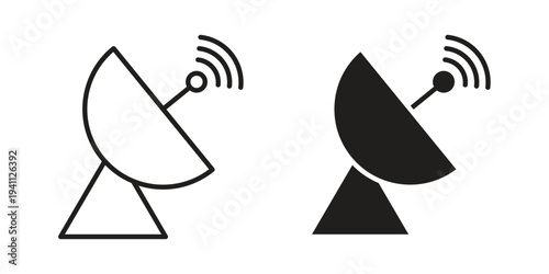 Satellite dish icon, line pictogram on white.