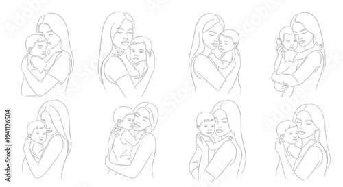 Line art depictions of mothers and babies perfect for design on transparent background silhouette