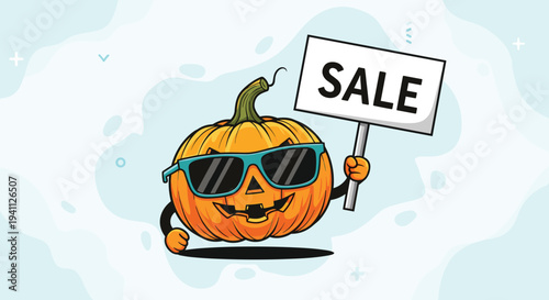 Cool pumpkin character mascot wearing sunglasses and holding a sale sign on a light blue abstract background.