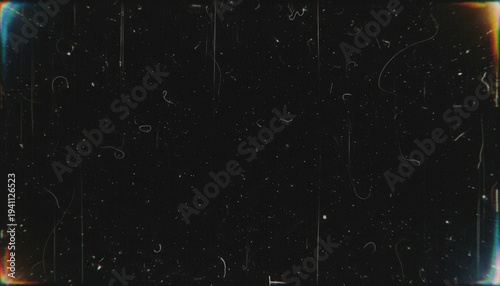 Retro damaged film texture with light leak edges, subtle rainbow flare streaks, gritty noise grain, dust and hair scratches, cinematic analog overlay effect, dark background