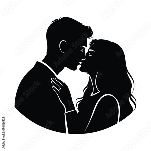 Couple Embracing and Kissing Silhouette Illustration, Romantic Love Scene, Black and White Art