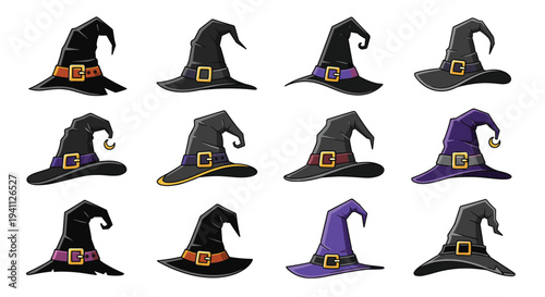 Collection of various witches hats with different colors and buckle designs for Halloween costume and decoration on white background.