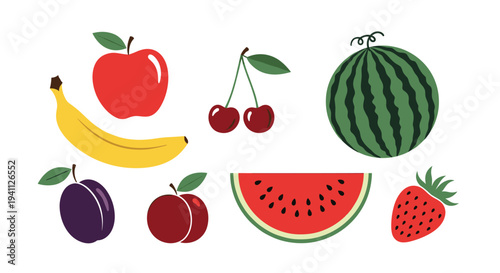 Assorted fresh fruits including banana apple cherries watermelon plum and strawberry isolated on a white background.