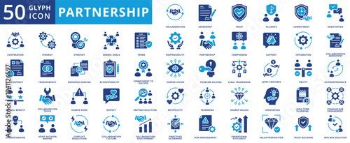 partnership icon pack illustration contains teamwork, operational efficiency, value proposition, trust building, win win solution, joint decision making, conflict resolution, legal framework