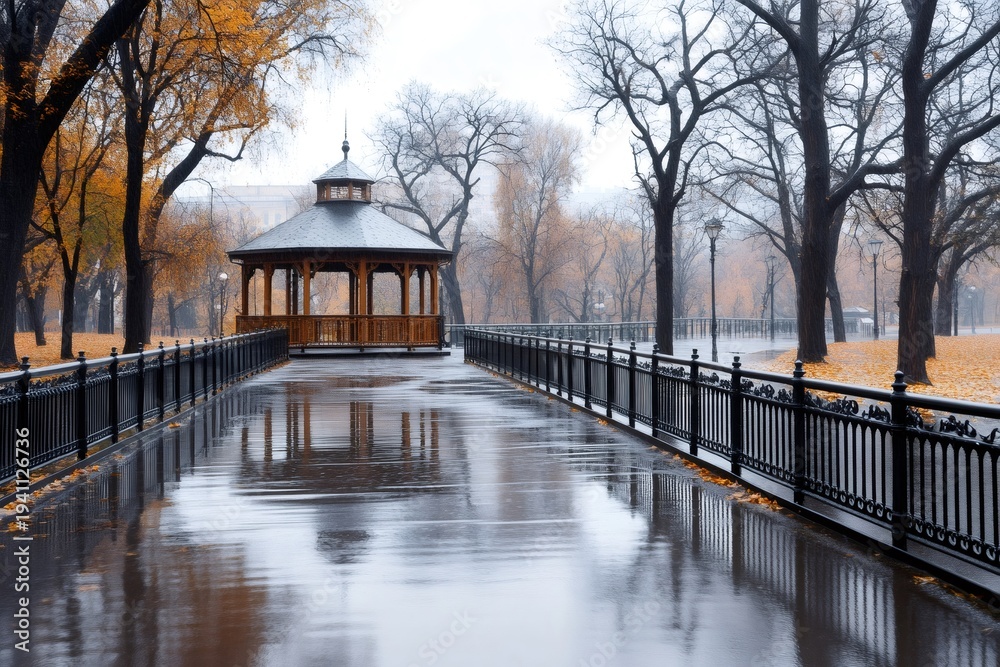 Fototapeta premium Gazebo in autumn park reflecting rain