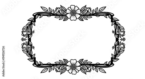Elegant floral ornamental frame vector illustration featuring detailed botanical flowers and leaves forming a decorative rectangular border suitable for wedding invitations greeting cards luxury stati