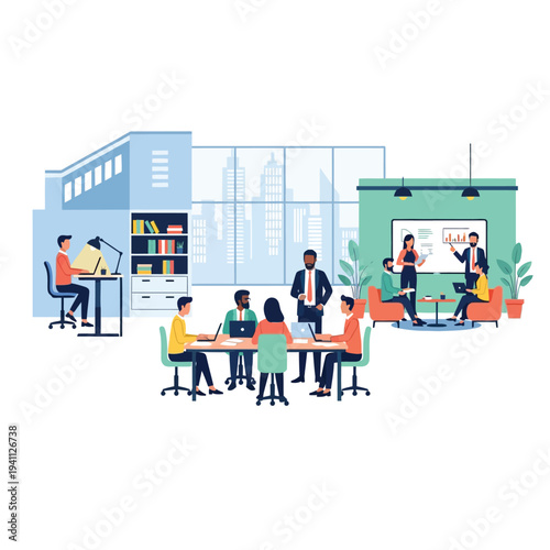 Dynamic illustration of a modern office, showing diverse teams collaborating in meetings, individuals working, and presentations, highlighting efficient workflow and teamwork