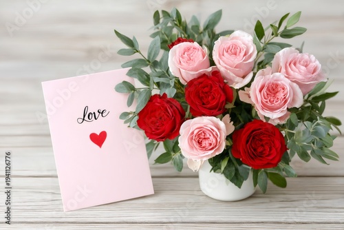 Rose bouquet with love greeting card for Valentine's Day