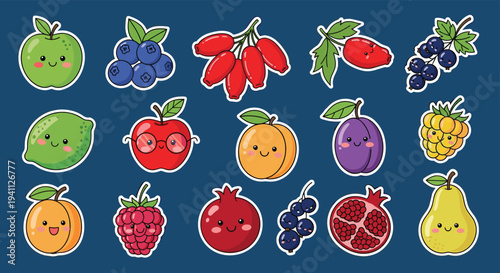 Cute fruit and berry stickers with funny faces on a dark blue background including apples limes and pomegranates.