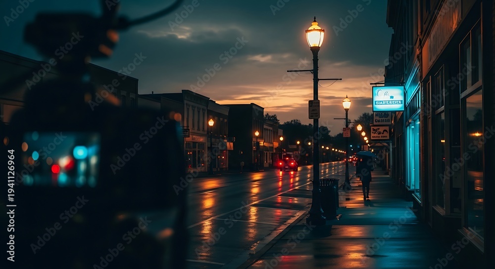 Obraz premium Dusk photograph capturing street scene with lamposts reflecting on wet pavement. A blurred camera records the moment, with a solitary figure under an umbrella