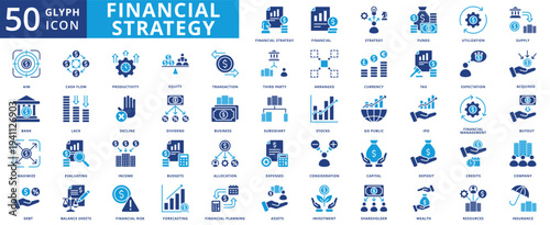 financial strategy icon pack contains go public, utilization, third party, acquired, lack, decline, dividend, subsidiary, ipo, stocks, return on investment, consideration, credits, arranged