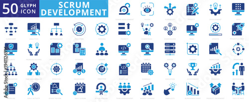 scrum development icon pack contains collaboration, daily activity, market demand, burndown chart, face to face, adaptable, server, coding, debug, scrum master, agile, methodology, tools