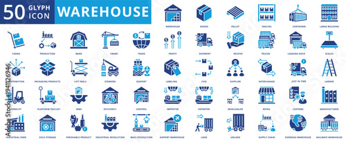 warehouse icon pack contains industrial park, large building, perishable product, platform trolley, just in time, loading dock, cold storage, mass production, wholesaler, importer, container