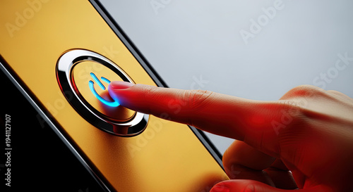 Human Finger Touching Power Button on Modern Electronic Device to Activate
