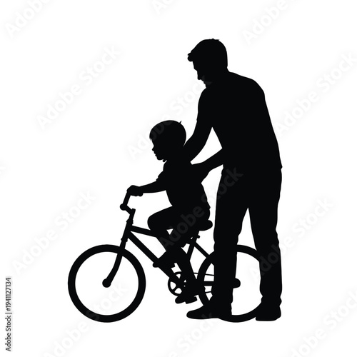 Father teaching son to ride bicycle outdoor family bonding parenting childhood learning silhouette