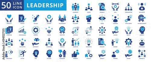 leadership icon pack contains passionate, literature, pioneer, organization, delegation, accomplishment, honesty, follower, empathy, confidence, concept, generosity, initiative