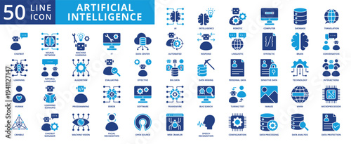 artificial technology ai icon pack contains information technology, natural language, learning scenario, syntactic, linguistic, turing test, machine learning, open source, data center