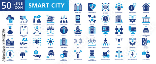 smart city icon pack contains internet of things, water quality, air pollution, information technology, autonomous car, quality of life, drone, vertical garden, bicycle track, pedestrians
