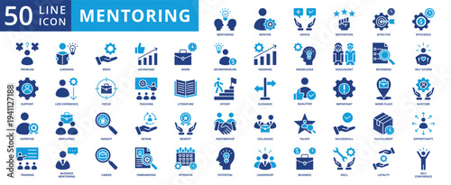 mentoring icon pack contains intensive, potential, collegue, qualified, less experience, successful, adolescent, workplace, guidance, literature, upskill, expertise, self esteem, growth