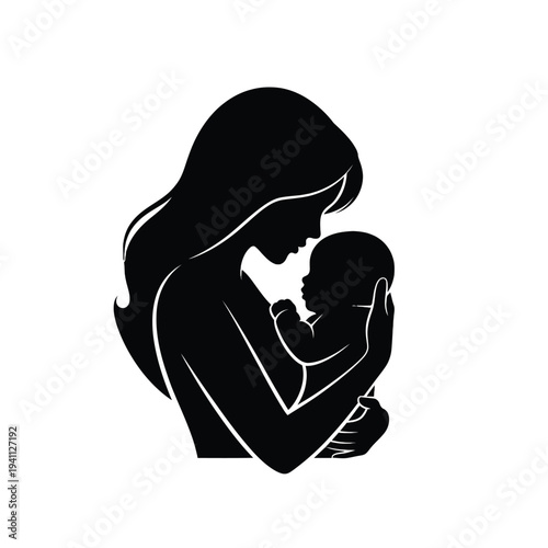 Silhouette mother and child hugging love bond family care black and white minimalist emotional connection