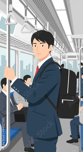 Businessman commuting on train with backpack, looking at camera
