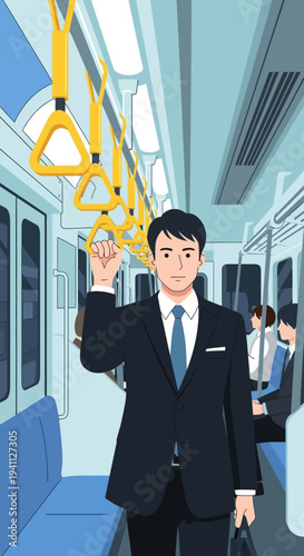 Businessman commuting on a crowded subway train, holding onto a handrail