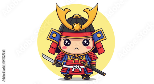 Cute Chibi Samurai Warrior with Katana Sword, Japanese Warrior Character