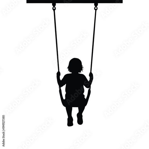 Silhouette of a child swinging on a swing, carefree and joyful, against a white background