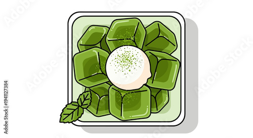 Delicious Matcha Jelly Dessert with Ice Cream and Mint Leaf
