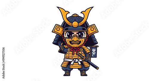 Cute Samurai Warrior Character Illustration, Japanese Warrior Icon