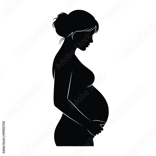 Pregnant woman silhouette holding belly in profile view black and white minimalist maternity concept