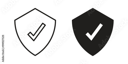 Shield check mark icon, line pictogram on white.