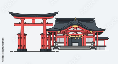 Traditional Japanese Shrine and Torii Gate Illustration