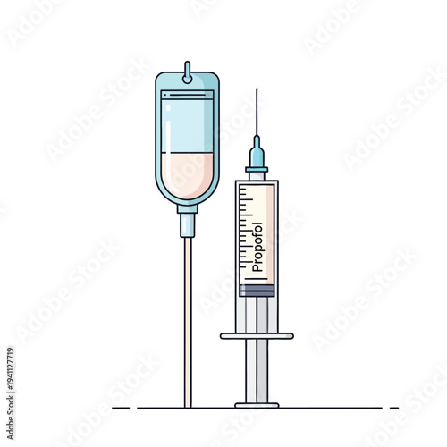 Illustration of an intravenous drip bag and a syringe labeled Propofol, symbolizing medical treatment and anesthesia