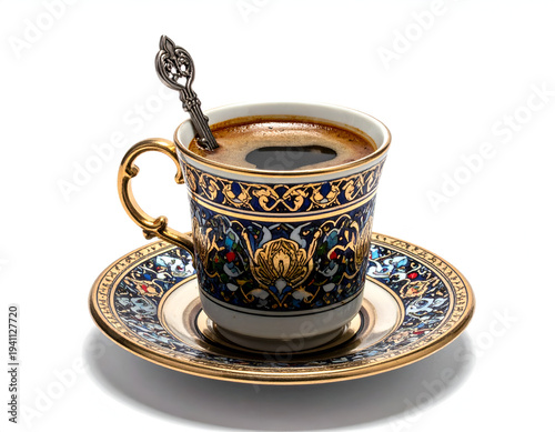 Ornate cup with dark coffee, ornate spoon, and patterned saucer