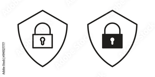 Shield lock icon, line pictogram on white.