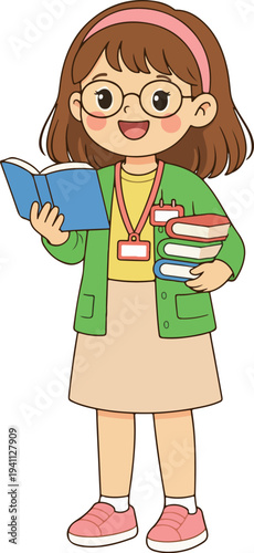 Kid librarian holding books cartoon character illustration