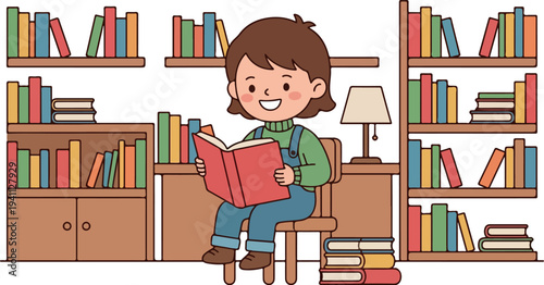 Kid librarian holding books cartoon character illustration