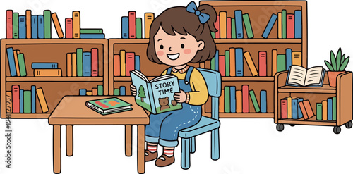 Kid librarian holding books cartoon character illustration