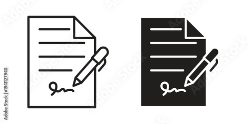 Signed contract icon, line pictogram on white.