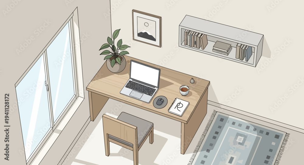 Naklejka premium Cozy Home Office Setup with Laptop, Coffee, and Plant - Minimalist Workspace