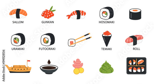 Assortment of Sushi Types and Japanese Food Elements