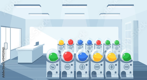 Colorful Gumball Machines Lined Up in a Bright, Modern Room