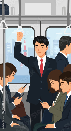 Commuters on a crowded train, people using smartphones during rush hour commute